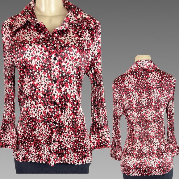 Fred David M Satin Red Geometric Crinkle Pleats Button Collar 3/4 Sleeve Blouse - Picture 1 of 6